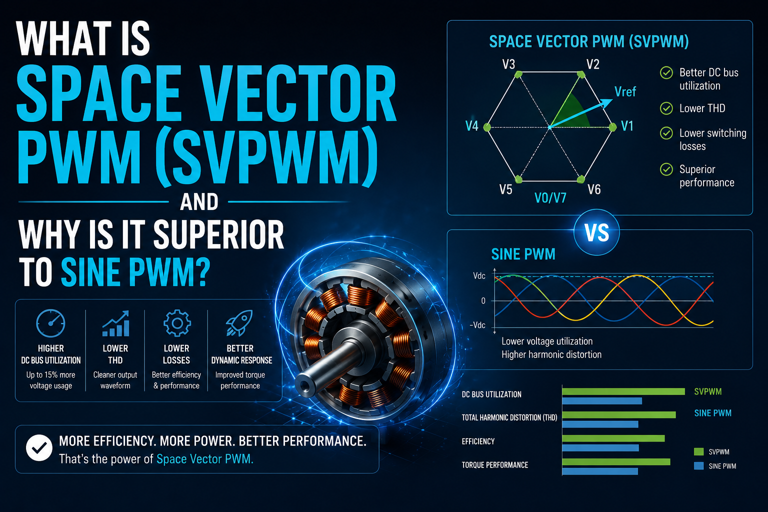 Read more about the article What is space vector PWM (SVPWM) and why is it superior to sine PWM?